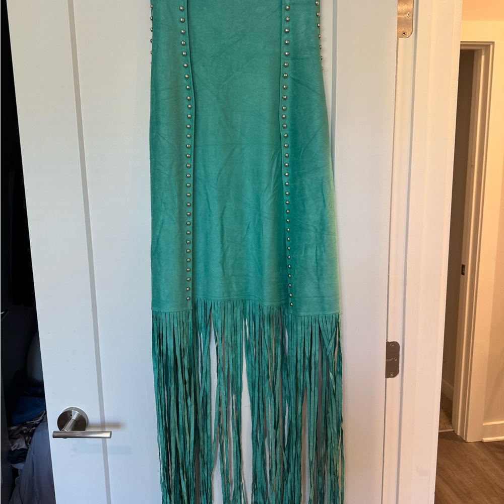 Crazy Train Teal Faux Suede Studded Open Front Long Fringe Vest